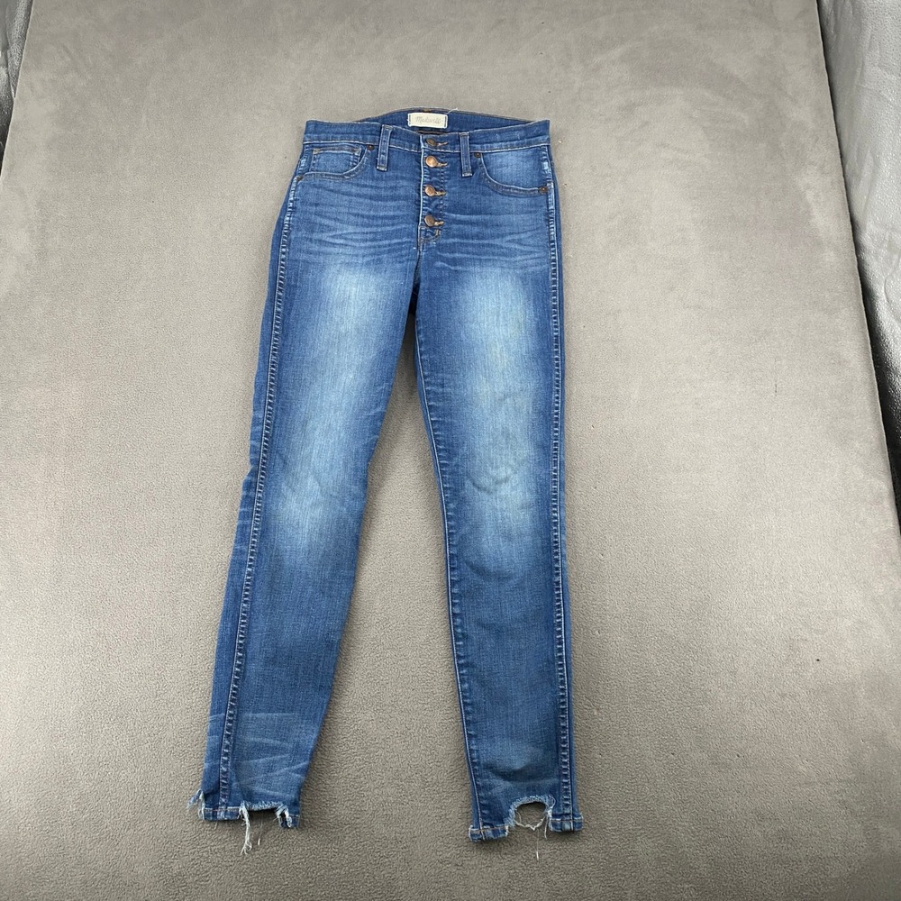 Madewell High Rise Skinny Jeans Button Fly Raw Chewed Hem Blue Denim 25